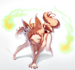 Rule 34 | 1girl, ahoge, animal ears, arm support, bent over, blonde hair, breasts, cleavage, closed mouth, commentary, covering privates, covering breasts, dev (dev0614), evil smile, fighting stance, forehead, fox ears, fox tail, full body, glowing, glowing eyes, hair ornament, hair scrunchie, hanging breasts, hidden signature, highres, hitodama, large breasts, leaning to the side, legs apart, looking at viewer, looking up, making-of available, motion lines, multicolored hair, nail polish, nude, original, red nails, scrunchie, short eyebrows, sidelocks, slit pupils, smile, smirk, solo, standing, tail, two side up, v-shaped eyebrows, v arms, white background, white hair, wide stance, yellow eyes