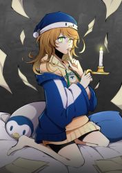 Rule 34 | 1girl, amicia michella, brown hair, candle, dreamerrii, finger to mouth, green eyes, hat, highres, holding, holding candle, hood, hoodie, nijisanji, nijisanji id, off-shoulder jacket, off shoulder, paper, parted lips, penguin hat, shorts, sitting, solo, stuffed animal, stuffed penguin, stuffed toy, virtual youtuber