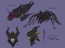Rule 34 | airachnid, alex milne, bug, character name, character sheet, commentary, decepticon, english commentary, mecha, multiple views, no humans, official art, purple background, purple eyes, redesign, robot, science fiction, signature, smile, spider, the transformers (idw), transformers