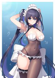 Rule 34 | 1girl, armpits, arms up, black thighhighs, blue background, blue eyes, blue hair, blush, breasts, cleavage, closed mouth, covered navel, cowboy shot, crossed bangs, frills, highres, large breasts, long hair, looking at viewer, maid headdress, original, outside border, single thighhigh, thighhighs, thighs, twintails, ugwa, white headwear