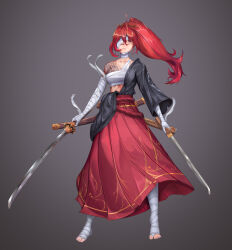 Rule 34 | 1girl, absurdres, angry, bandage over one eye, bandaged arm, bandaged hand, bandaged leg, bandaged neck, bandages, collarbone, dual wielding, emblem, feet, glaring, gold trim, gradient background, grey background, hair ornament, hair stick, highres, holding, holding sword, holding weapon, jong-ej, katana, long hair, long skirt, messy hair, midriff, off-shoulder shirt, off shoulder, original, ponytail, print request, red hair, red rope, red skirt, rope, samurai, scabbard, sheath, shirt, single bare shoulder, skirt, solo, stick, sword, tattoo, toenails, toes, weapon, wind