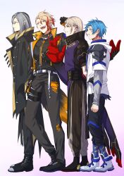 Rule 34 | 4boys, :d, absurdres, akaie11, ankle boots, armor, ascot, asymmetrical bangs, axel syrios, belt, black belt, black coat, black footwear, black gloves, black hair, black jacket, black pants, black shirt, blonde hair, blue collar, blue eyes, blue hair, boots, braid, brown pants, cape, coat, collar, ear piercing, extra arms, fake tail, fangs, fox tail, from side, full body, glasses, gloves, gradient background, green eyes, grey hair, hair behind ear, hair between eyes, highres, holostars, holostars english, hood, hood down, hooded jacket, jacket, lapels, layered sleeves, leash, long hair, long sleeves, looking ahead, magni dezmond, male focus, mole, mole under mouth, multicolored hair, multiple belts, multiple boys, noir vesper, noir vesper (old design), notched lapels, open clothes, open jacket, open mouth, orange collar, pants, parted bangs, piercing, pointy ears, profile, purple background, purple cape, purple eyes, purple tunic, red hair, regis altare, shirt, shoes, short hair, short over long sleeves, short sleeves, shoulder armor, side braid, smile, spike piercing, standing, streaked hair, tail, teeth, thigh strap, torn clothes, torn pants, tunic, turtleneck, two-sided fabric, two-sided jacket, upper teeth only, virtual youtuber, walking, white ascot, white background, white belt, white footwear, white jacket, yellow eyes