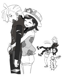 Rule 34 | 1boy, 1girl, ahoge, blush, braid, closed mouth, commentary request, creatures (company), dede (qwea 00000), ear piercing, floral print, flower, game freak, gladion (pokemon), greyscale, hat, hat flower, highres, hood, hood down, hoodie, hug, hug from behind, korean commentary, korean text, monochrome, motion lines, multiple views, nintendo, pants, piercing, pokemon, pokemon usum, selene (pokemon), shirt, shoes, shorts, standing, sweatdrop, translation request, twin braids, white background