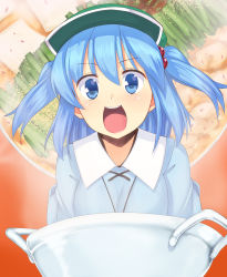 Rule 34 | 1girl, :d, blue eyes, blue hair, blush, cooking, female focus, food, hair bobbles, hair ornament, hat, kawashiro nitori, matching hair/eyes, open mouth, pot, saemon (tonpura), short hair, short twintails, smile, solo, touhou, twintails, two side up