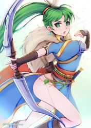 Rule 34 | 1girl, bare hips, blue dress, boots, bow (weapon), brown gloves, corrupted metadata, dress, earrings, elbow gloves, feather hair ornament, feathers, fingerless gloves, fire emblem, fire emblem: the blazing blade, fire emblem heroes, floating hair, gloves, green eyes, green hair, hair ornament, highres, holding, holding bow (weapon), holding weapon, jewelry, legs, long hair, looking at viewer, lyn (fire emblem), nintendo, open mouth, phiphi-au-thon, running, side slit, solo, sword, thighs, twitter username, very long hair, weapon, white background, white feathers