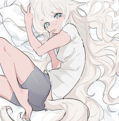 Rule 34 | 1girl, :/, animal ears, bed sheet, black shorts, blue eyes, cat ears, cat girl, cat tail, closed mouth, commentary request, foot out of frame, highres, kinutani yutaka, light brown hair, long hair, looking at viewer, lying, on bed, on side, original, pillow, shirt, short sleeves, shorts, solo, tail, very long hair, white background, white shirt