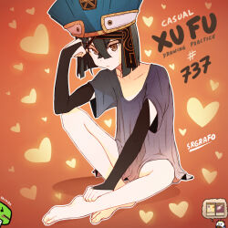 Rule 34 | 1girl, barefoot, black hair, brown eyes, english text, fate/grand order, fate (series), feet, gloves, grey shirt, hat, heart, looking at viewer, loose clothes, loose shirt, medium hair, orange background, shirt, signature, solo, srgrafo, toes, xu fu (fate)