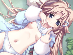 Rule 34 | 1girl, blonde hair, blue bra, blue dress, blue eyes, blue panties, blush, bow, bow panties, bra, bra lift, breasts, clothes lift, dress, fue (tsuzuku), game cg, hiiragi hinata, hinatabokko, lace, lace-trimmed panties, lace trim, lingerie, lying, navel, nipples, on back, open clothes, open dress, panties, shirt lift, small breasts, solo, thigh gap, thighs, underwear