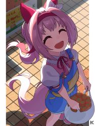 Rule 34 | 1girl, :d, ^ ^, absurdres, animal ears, bag, bow, carrot, closed eyes, collared shirt, commentary request, day, dress shirt, ear bow, feet out of frame, hairband, haru urara (umamusume), highres, holding, holding bag, horse ears, horse girl, horse tail, long hair, neck ribbon, open mouth, outdoors, overall shorts, overalls, pink footwear, pink hair, pink shirt, plastic bag, ponytail, puffy short sleeves, puffy sleeves, red hairband, red ribbon, rerere, ribbon, shirt, shoes, short sleeves, smile, solo, standing, strap slip, tail, teeth, umamusume, upper teeth only, very long hair, white bow