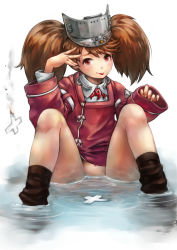 Rule 34 | 10s, 1girl, :p, brown eyes, brown hair, ha to mi, kantai collection, magatama, navel, onmyouji, partially submerged, ryuujou (kancolle), shikigami, sitting, socks, solo, spread legs, tongue, tongue out, twintails, visor cap
