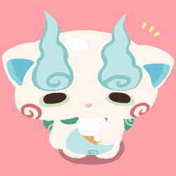 Rule 34 | 10s, cheek swirl, chuno, eating, flat color, food, from above, furoshiki, ice cream, ice cream cone, komasan, looking at viewer, looking up, no humans, pink background, simple background, soft serve, solo, standing, traditional youkai, youkai watch