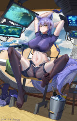 Rule 34 | 1girl, absurdres, animal ears, arknights, arms up, black thighhighs, bow (weapon), breasts, bucket, crossbow, feet, fluffy, highres, large breasts, large tail, legs, long hair, looking at viewer, monitor, navel, no shoes, ponytail, provence (arknights), purple hair, qiyedefeishazhanji, soles, tail, thighhighs, toenails, toes, weapon, wolf ears, wolf girl, wolf tail, yellow eyes