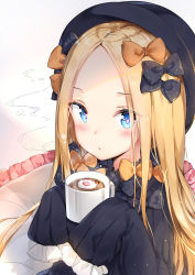 Rule 34 | 1girl, abigail williams (fate), absurdres, black bow, black dress, black hat, blonde hair, blowing, blue eyes, bow, coffee mug, commentary, cup, dress, fate/grand order, fate (series), forehead, frilled pillow, frills, hair bow, hat, highres, holding mug, long hair, long sleeves, looking at viewer, maya g, mug, orange bow, parted bangs, pillow, polka dot, polka dot bow, sleeves past wrists, solo, steam, very long hair
