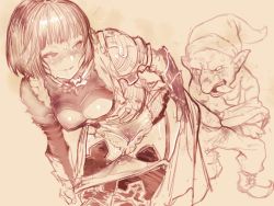 Rule 34 | 1boy, 1girl, 2equal8, armor, bent over, big nose, blunt bangs, blush, breasts, cleavage, commentary, erika (shadowverse), garter straps, goblin, goblin male, groin, hat, hetero, highres, looking at another, looking back, monochrome, nose, open mouth, panties, pants, panty pull, parted lips, pointy ears, pussy, pussy juice, sepia, shadowverse, shoes, short hair, smile, sweat, tan background, thighhighs, tongue, tongue out, underwear, undressing