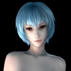 Rule 34 | 1girl, 3d, ayanami rei, black background, blue hair, head tilt, ikedan, neon genesis evangelion, nude, out-of-frame censoring, parted lips, red eyes, short hair, simple background, solo, upper body