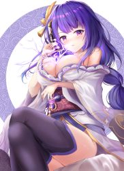 1girl absurdres blush braid breasts cleavage electricity genshin_impact hair_ornament highres holding holding_sword holding_weapon human_scabbard japanese_clothes kimono large_breasts crossed_legs long_sleeves looking_at_viewer nail_polish proverbs_zhenyan purple_eyes purple_hair raiden_shogun sword thighhighs weapon wide_sleeves