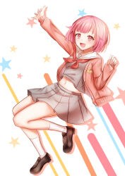 Rule 34 | 1girl, absurdres, artist request, breasts, highres, jacket, jumping, looking at viewer, miyamasuzaka girls&#039; academy school uniform, navel, ootori emu, open mouth, pink eyes, pink hair, project sekai, school uniform, short hair, simple background, skirt, solo, thighs