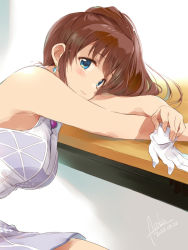 Rule 34 | 1girl, arms on table, asoka, blush, breasts, brown hair, dated, dress, earrings, glint, gloves, unworn gloves, head rest, idolmaster, idolmaster million live!, idolmaster million live! theater days, jewelry, leaning forward, light smile, looking at viewer, medium breasts, ponytail, satake minako, signature, simple background, sitting, sleeveless, sleeveless dress, solo, white gloves