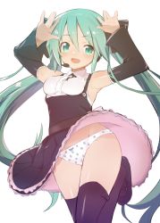 Rule 34 | 1girl, aqua eyes, aqua hair, arms up, black footwear, black sleeves, black thighhighs, bow, bow legwear, bow panties, breasts, caburi, collared dress, commentary, crotch seam, detached sleeves, dress, frilled dress, frills, hatsune miku, headset, highres, leg up, long hair, looking at viewer, mary janes, open mouth, panties, pantyshot, polka dot, polka dot panties, shoes, short dress, simple background, sleeveless, sleeveless dress, small breasts, smile, solo, standing, standing on one leg, thighhighs, twintails, underwear, very long hair, vocaloid, white panties, wing collar