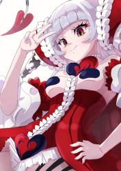 Rule 34 | 1girl, blunt bangs, breasts, demon tail, detached sleeves, hair ornament, hand on own hip, hand up, heart, high-waist skirt, highres, horns, kyoumu (mgcmkyomu), long hair, looking at viewer, luxuria (magicami), magicami, pasties, red eyes, red skirt, short sleeves, sidelocks, silver hair, skirt, small breasts, smile, tail, v