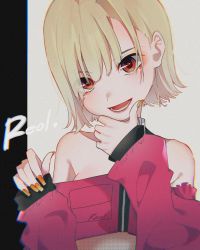Rule 34 | 1girl, bad id, bad twitter id, bare shoulders, blonde hair, character name, chromatic aberration, collarbone, crop top, hand on own chin, hands up, head tilt, highres, indie utaite, long sleeves, looking at viewer, nail polish, niconico, off-shoulder shirt, off shoulder, open mouth, rairaisama, red eyes, red shirt, reol, shirt, short hair, smile, solo, upper body