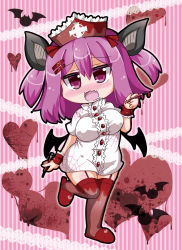 Rule 34 | 1girl, :3, :d, animal ears, bad id, bad pixiv id, bat ears, bat wings, blush, breasts, hair ornament, hairclip, hat, highres, holding, large breasts, looking at viewer, noai nioshi, nurse, nurse cap, open mouth, original, purple eyes, purple hair, smile, solo, syringe, thighhighs, two side up, wings