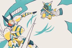 Rule 34 | claws, digimon, horns, kotemon, scarf, sword, tigervespamon, weapon, wooden sword