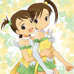 Rule 34 | 10s, 2girls, asymmetrical clothes, asymmetrical sleeves, brown eyes, brown hair, elbow gloves, flat chest, flat chest grab, futami ami, futami mami, gloves, grabbing, grabbing another&#039;s breast, hand on another&#039;s chest, hug, hug from behind, idolmaster, idolmaster (classic), idolmaster 2, kanikani (juicy), medium hair, multiple girls, open mouth, short hair, siblings, sisters, smile, twins, uneven sleeves