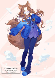 Rule 34 | 1girl, :3, animal ear fluff, animal ears, artist name, blue-framed eyewear, blue bow, blue bowtie, blue footwear, blue jacket, blue nails, blue pants, bowtie, brown hair, buttons, closed mouth, commission, english text, female focus, forehead, full body, fur-trimmed jacket, fur collar, fur trim, glasses, hair intakes, hand up, happy, head tilt, heel up, index finger raised, jacket, large tail, legs, long hair, nail polish, open clothes, open jacket, original, pants, pink background, purple shirt, shirt, shoes, sidelocks, skeb commission, smile, solo, standing, suahh, tail, twitter username, very long hair, watermark, zipper, zipper pull tab