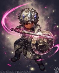 Rule 34 | 1boy, commission, dark-skinned male, dark skin, facial tattoo, fighting stance, final fantasy, final fantasy xiv, full body, fur collar, glowing, glowing sword, glowing weapon, highres, lalafell, looking at viewer, paladin (final fantasy), pointy ears, red eyes, sa-dui, shield, smile, solo, sword, tattoo, tiara, weapon