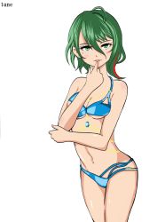Rule 34 | 1girl, aqua hair, beads, bikini, blue bikini, blush, breasts, cleavage, dead or alive, dead or alive xtreme venus vacation, finger to face, green eyes, green hair, looking at viewer, medium breasts, mole, mole under eye, multicolored hair, navel, open mouth, red hair, short hair, smile, streaked hair, swimsuit, tamaki (doa), tsune, white background
