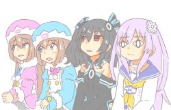 Rule 34 | annoyed, bare shoulders, black hair, blue eyes, breasts, brown hair, choker, coat, collar, disappointed, dress, frawn, hair ornament, hairclip, hat, long hair, meruku tea, nepgear, nepgyaa, neptune (series), open mouth, purple hair, ram (neptunia), red eyes, ribbon, rom (neptunia), shirt, short hair, small breasts, tsundere, twintails, two side up, uni (neptune series)