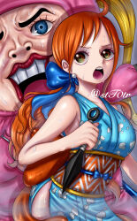 Rule 34 | 2girls, artist name, bare shoulders, blonde hair, blue eyes, blue ribbon, commentary request, earrings, hair ribbon, highres, holding, holding weapon, jewelry, kunai, lips, lipstick, long hair, low ponytail, makeup, multiple girls, nami (one piece), nami (one piece) (wano), official alternate costume, one piece, open mouth, orange hair, pearl earrings, ponytail, red lips, ribbon, shinobu (one piece), size difference, stt0tr, teeth, twintails, weapon