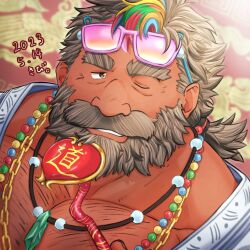 Rule 34 | 1boy, bara, bead necklace, beads, beard, chain necklace, chest hair, crystal necklace, dark-skinned male, dark skin, eyewear on head, facial hair, from above, grey hair, hairy, japanese clothes, jewelry, judi (housamo), kimono, large pectorals, looking at viewer, male focus, mature male, muscular, muscular male, mustache, necklace, old, old man, one eye closed, open clothes, open kimono, pectoral cleavage, pectorals, pink-framed eyewear, sabita kan, seductive smile, short hair, sideburns, smile, solo, thick eyebrows, tokyo houkago summoners, translation request, wrinkled skin