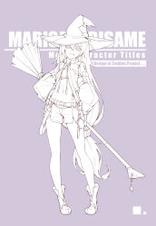 Rule 34 | 1girl, absurdres, alternate costume, ankle boots, arm at side, belt, boots, broom, character name, charm (object), commentary request, copyright name, drawstring, fingerless gloves, full body, gloves, grin, hair between eyes, hand on own hip, hat, head tilt, highres, jacket, kirisame marisa, legs apart, lineart, long hair, long sleeves, low-tied long hair, monochrome, navel, nian (zhanian), open clothes, open jacket, open mouth, pantyhose, pantyhose under shorts, pigeon-toed, purple background, shorts, simple background, single fingerless glove, single glove, sketch, smile, solo, standing, star (symbol), stomach, teeth, touhou, unzipped, very long hair, witch hat, yin yang, zipper