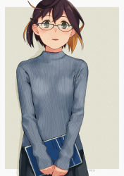 Rule 34 | 1girl, alternate costume, asymmetrical hair, black skirt, blue sweater, book, brown hair, glasses, green eyes, holding, holding book, kantai collection, makio (makiomeigenbot), multicolored hair, okinami (kancolle), open mouth, orange hair, pleated skirt, ribbed sweater, short hair, signature, simple background, skirt, solo, sweater, two-tone background, two-tone hair