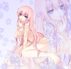 Rule 34 | 1girl, bare legs, bare shoulders, barefoot, blue eyes, bottomless, breasts, cleavage, feet, finger to mouth, full body, hand to own mouth, highres, large breasts, long hair, megurine luka, naked sweater, nana mikoto, no pants, pink hair, sitting, solo, sweater, very long hair, vocaloid, zoom layer