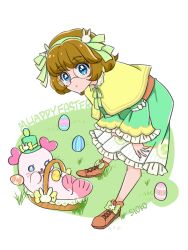 Rule 34 | 1girl, artist name, basket, blue eyes, brown footwear, brown hair, capelet, closed mouth, dress, easter, easter egg, egg, english text, frilled dress, frills, green dress, green ribbon, hair ribbon, happy easter, highres, ichinose minori, kururun (precure), leaning forward, long sleeves, looking at viewer, medium dress, precure, ribbon, rimless eyewear, round eyewear, shoes, short hair, signature, siosio 808, solo, standing, tropical-rouge! precure, yellow capelet