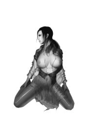Rule 34 | 1girl, black hair, breasts, full body, greyscale, highres, huge breasts, kneeling, long hair, looking away, makeup, metal gear (series), metal gear solid, metal gear solid 4: guns of the patriots, monochrome, naomi hunter, navel, nipples, open clothes, pinup (style), ponytail, profile, realistic, simple background, solo, thighhighs, topless, white background