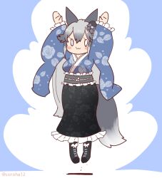 Rule 34 | 1girl, animal ears, arms up, blue background, boots, coroha, dress, extra ears, fox ears, fox girl, fox tail, full body, grey hair, hair ornament, jumping, kemono friends, long hair, looking at viewer, silver fox (kemono friends), simple background, solo, tail