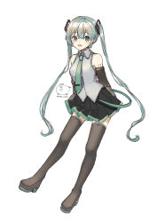Rule 34 | 1girl, absurdres, aqua eyes, aqua hair, arms behind back, artist logo, artist name, bare shoulders, belt, black footwear, black skirt, black thighhighs, blush, blush visible through hair, collared shirt, commentary, detached sleeves, english commentary, full body, hatsune miku, highres, long hair, looking at viewer, miniskirt, open mouth, pleated skirt, shirt, simple background, skirt, sleeveless, sleeveless shirt, smile, solo, thighhighs, tie clip, twintails, very long hair, vocaloid, wandu mook, white background, white shirt, zettai ryouiki