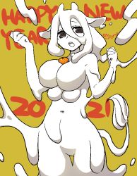 Rule 34 | 1girl, 2021, akira (meltyhip), animal ears, breasts, brown eyes, chinese zodiac, colored skin, completely nude, cow ears, cow horns, cow tail, extra breasts, food, fruit, happy new year, horns, large breasts, long hair, mandarin orange, monster girl, navel, new year, nude, open mouth, original, signature, slime girl, solo, standing, tail, white hair, white skin, year of the ox, yellow background