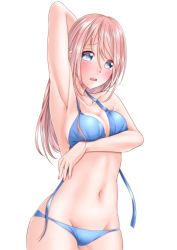 Rule 34 | 1girl, abs, arm behind head, armpits, bikini, bikini day, blue eyes, blush, breasts, cleavage, cowboy shot, gluteal fold, groin, hair between eyes, highres, large breasts, lino (lilyparty07), navel, original, pink hair, sideboob, solo, swimsuit, thighs, white background