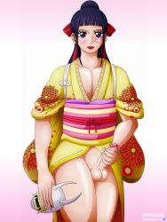 Rule 34 | 1boy, blush, highres, icles, japanese clothes, kikunojo (one piece), kimono, male focus, one piece, penis, revealing clothes, smile, springa, standing, thick thighs, thighs, trap