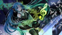 Rule 34 | 1girl, aqua hair, blue eyes, bow, bowtie, detached sleeves, hand on own chest, hatsune miku, headphones, highres, long hair, mariwai (marireroy), musical note, outstretched arm, skirt, solo, thighhighs, twintails, very long hair, vocaloid