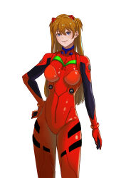 Rule 34 | 1girl, blue eyes, bodysuit, breasts, brown hair, hand on own hip, long hair, looking at viewer, neon genesis evangelion, plugsuit, red bodysuit, shiny clothes, simple background, sitting, skin tight, smile, solo, souryuu asuka langley, twintails, two side up, white background, wide hips, yoong