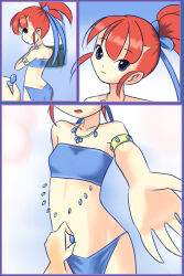 Rule 34 | 1girl, adjusting clothes, armband, belly dancer, belly jewel, blue background, blue dress, breasts, dancer, digimon, digimon tamers, dimples of venus, drantyno, dress, giving, gradient background, highres, jewelled navel, jewelry, looking at viewer, makino ruki, midriff, narrow waist, navel, navel insertion, necklace, open clothes, open dress, open mouth, outstretched arm, ponytail, purple eyes, red hair, short hair, short hair with long locks, sleeveless, sleeveless dress, small breasts, smile, strapless, strapless dress