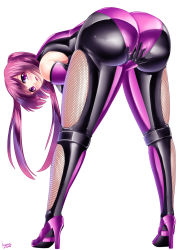 Rule 34 | 1girl, ass, bent over, blush, bodysuit, breasts, from behind, gloves, hanging breasts, high heels, highres, huge ass, kogawawaki, large breasts, long hair, looking at viewer, open mouth, original, ponytail, purple eyes, purple hair, shiny clothes, sideboob, skin tight, solo, very long hair