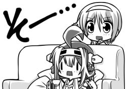 Rule 34 | 10s, 2girls, ahoge, antenna hair, couch, cup, detached sleeves, double bun, greyscale, hairband, hand to own mouth, headgear, japanese clothes, kantai collection, kongou (kancolle), long hair, miko, monochrome, multiple girls, natori (kancolle), nontraditional miko, open mouth, reaching, reclining, school uniform, senomoto hisashi, serafuku, short hair, sitting, teacup, wavy mouth, wide sleeves, | |