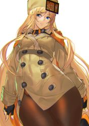 Rule 34 | 1girl, ashiomi masato, blonde hair, blue eyes, brown pantyhose, commentary request, fingerless gloves, fur hat, gloves, guilty gear, guilty gear strive, hat, long hair, millia rage, pantyhose, solo, ushanka, very long hair